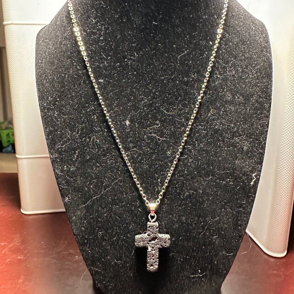 Volcanic Rock Cross Necklace with Faux Silver Chain Religious Jewelry